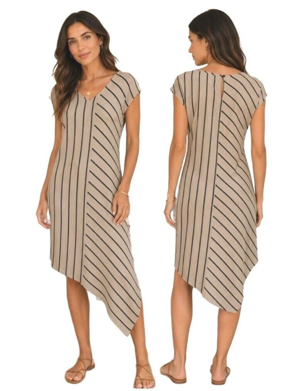 For Cynthia Womens beige black stripes sleeveless linen blend dress Size XSmall